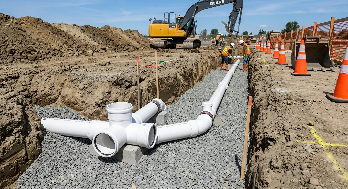 New PVC sewer pipe installation in open trench for Sewer Backup in Staunton