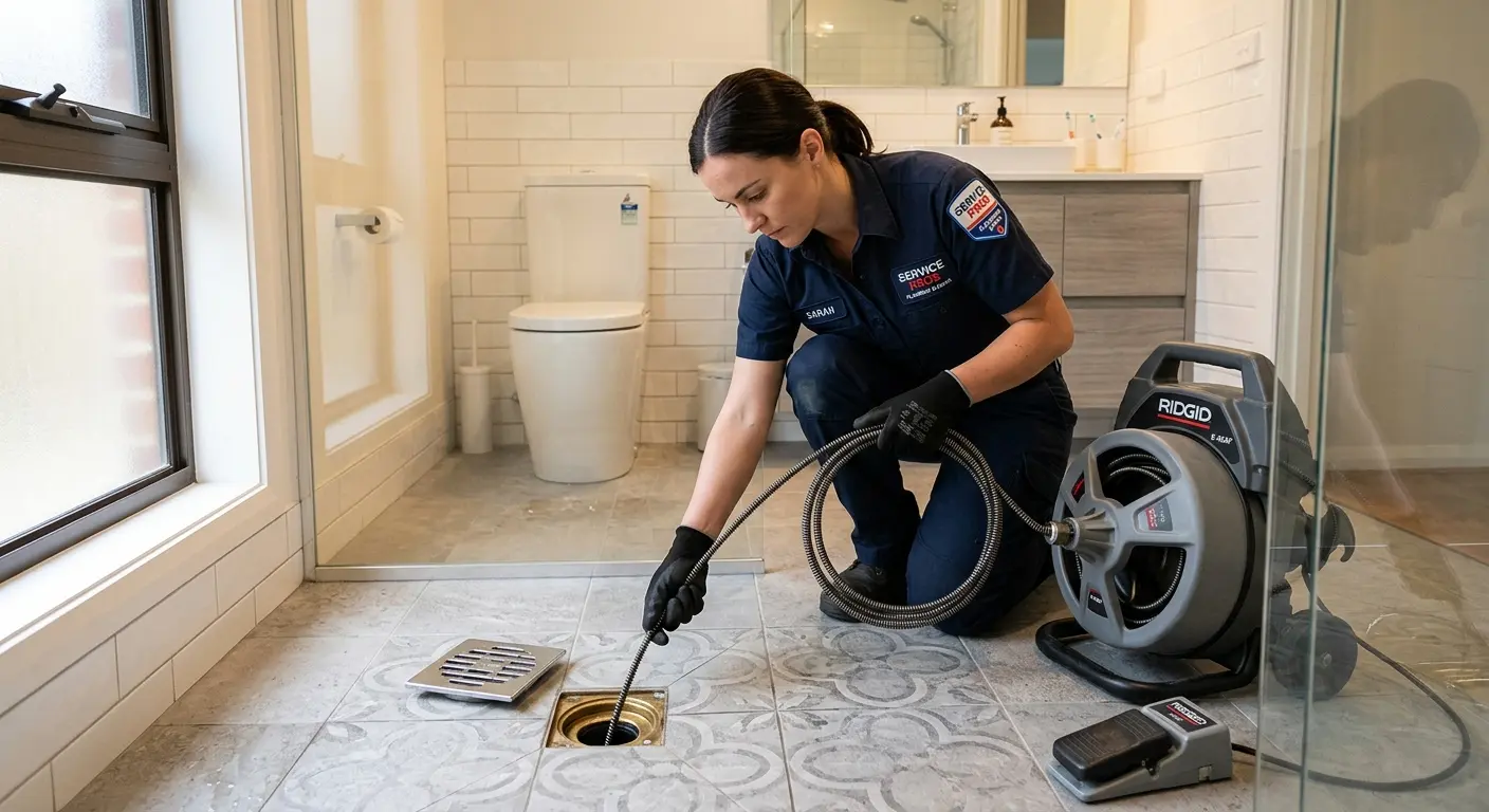 Technician clearing a bathroom floor drain for Drain Cleaning in Staunton